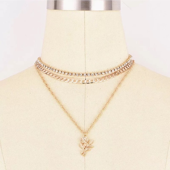 Layered Rose Pendant Rhinestone Gold Necklace - Picture 4 of 8